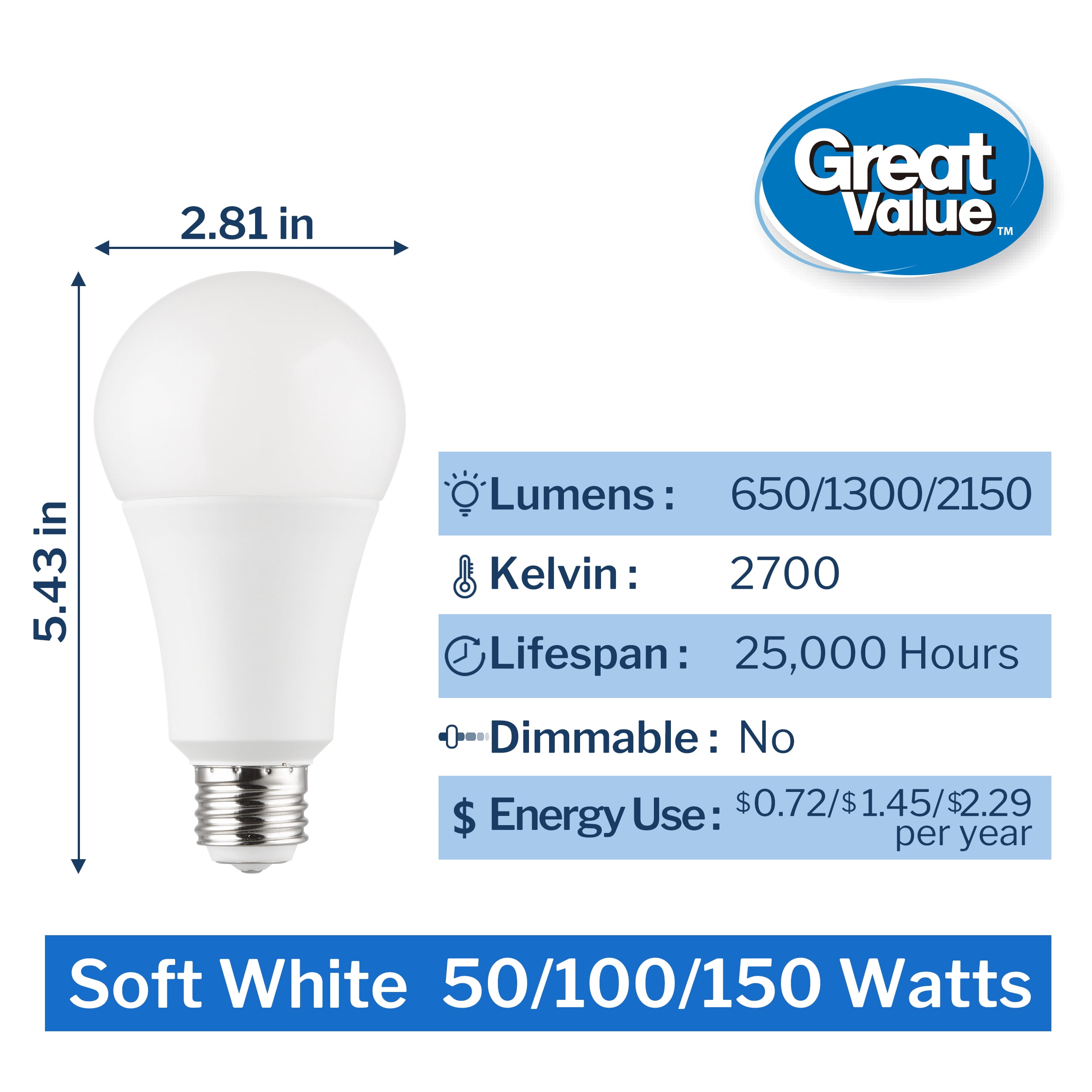 Great Value A21 LED 6/12/19W (60/100/150W Equivalent) Tunable Soft White E26 Medium Base 3-Way Light Bulb