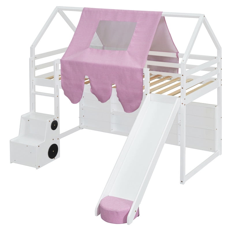 Twin Size Wooden Loft Bed with Slide and Ladder, House-Shaped Loft Bed Frame with Tent, Storage Shelves and Car-Shaped Storage Cabinet, Kids Playhouse Bed with Safety Handrails