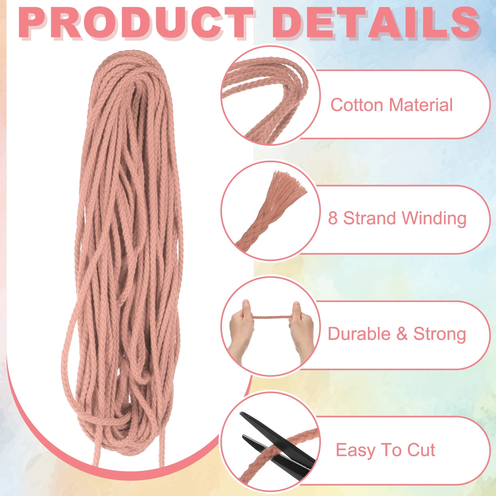 Braided Macrame Cord, 3/16" x 164ft 8 Strand Cotton Rope Braided String with Cord End Caps for Drawstring, Plant Hanger Wall Hanging, Dream Catcher Crafts, Lotus Root Pink
