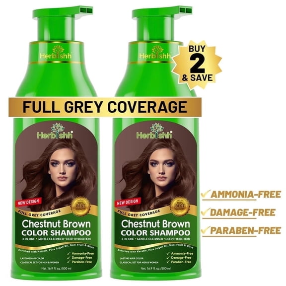 Herbishh Hair Color Shampoo - Magic Dye for Gray Hair, Lasting Color in Minutes - 1000 Ml, 3-In-1, Ammonia-Free (Chestnut Brown)