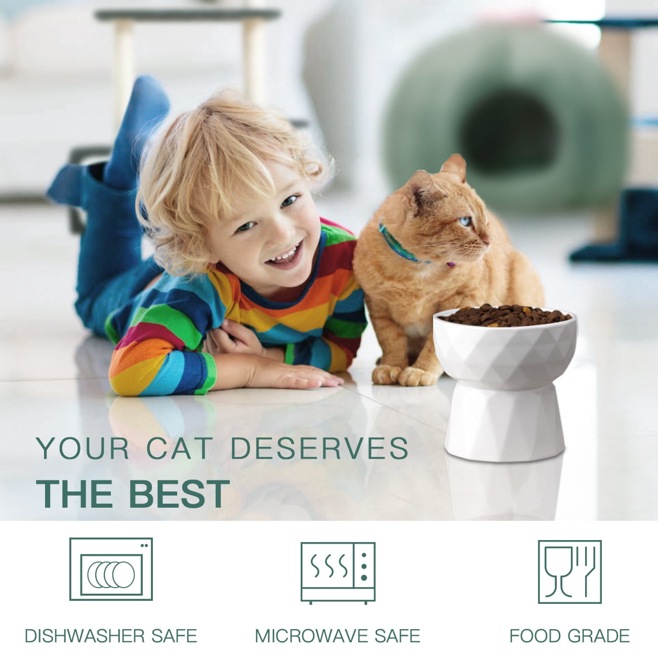 Frewinky Cat Bowls,Ceramic Cat Bowls Anti Vomiting,Raised-Cat Food and Water Bowl set for Cats and Small Dogs,13.5 Oz，White
