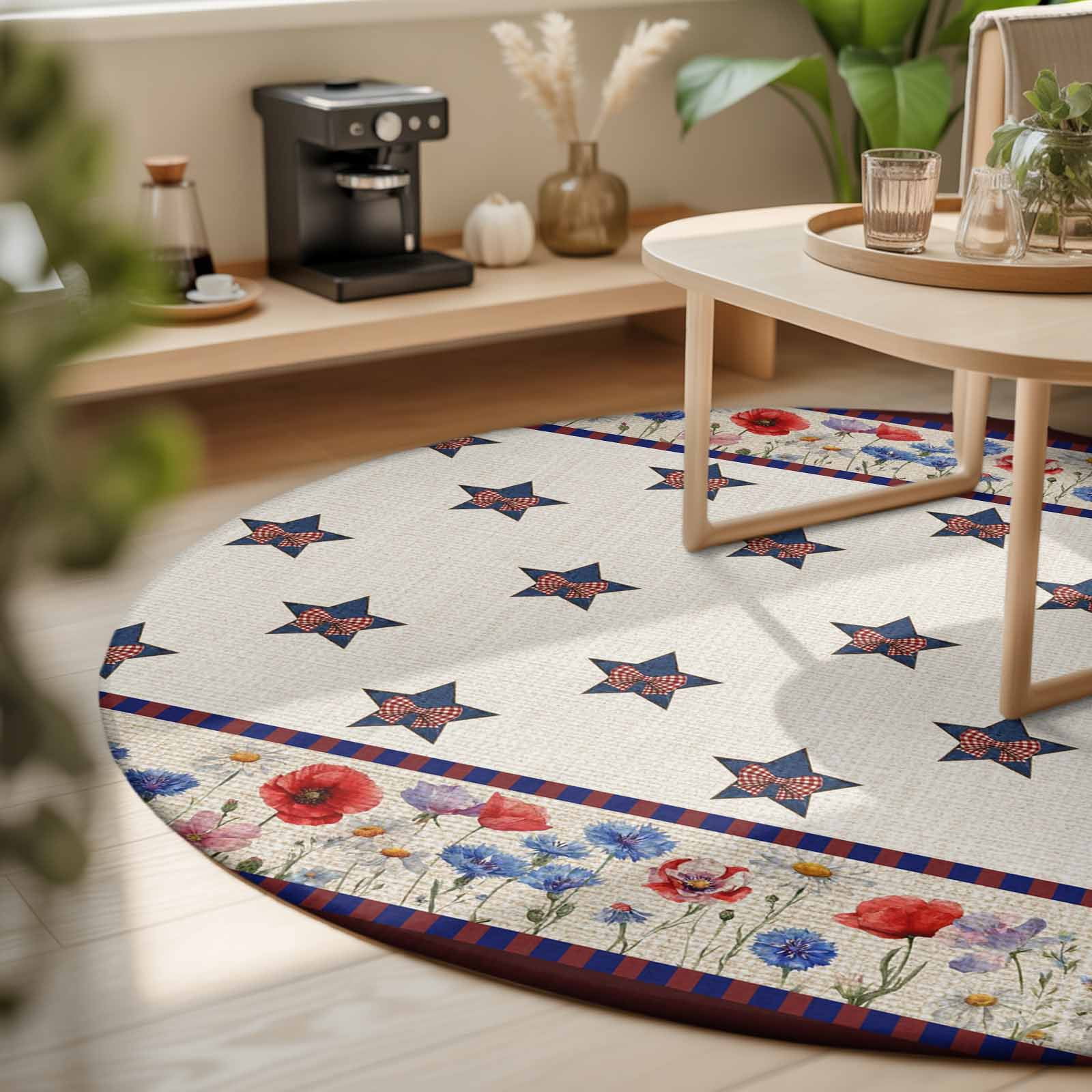 Round Area Rugs 5Ft, American Star Poppy Non-Slip Washable Circle Rugs Carpet, Farmhouse Independence Day Indoor Outdoor Rug Floor Mats Throw Runner for Bedroom Living Room Bathroom