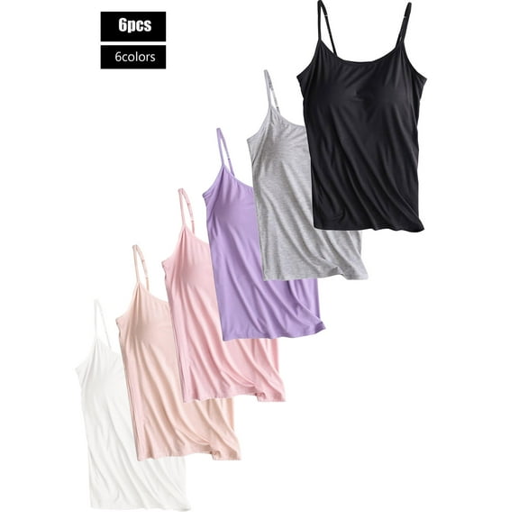 6 Pack Women's Camisole Tank Top With Built In Bra, Soft High Stretch Breathable Workout Spaghetti Tank Yoga Tops Undershirt Basic Camisoles With Adjustable Strap, S-XL