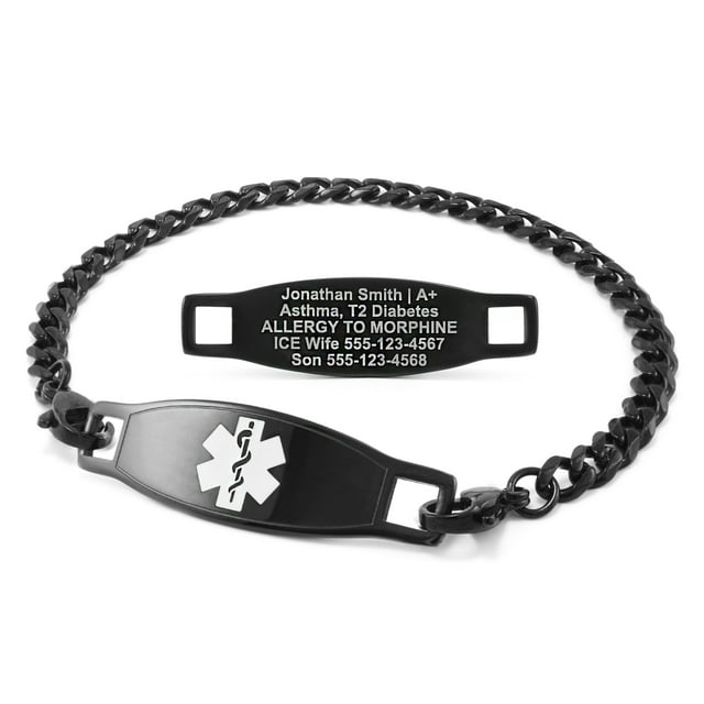 MedicEngraved Black Stainless Steel Custom Medical Alert Bracelet - 5mm Curb Link