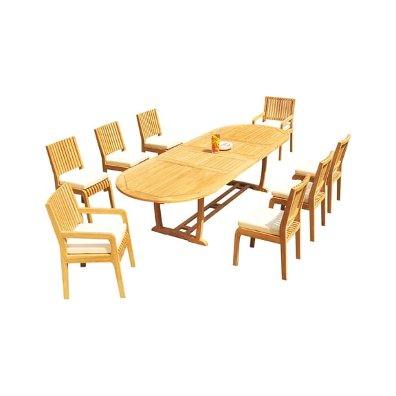 Grade-A Teak Dining Set: 8 Seater 9 Pc: 118" Mas Oval Trestle Leg Table And 8 Maldives Chairs (2 Arm & 6 Armless Chairs) WholesaleTeak #51ML2709