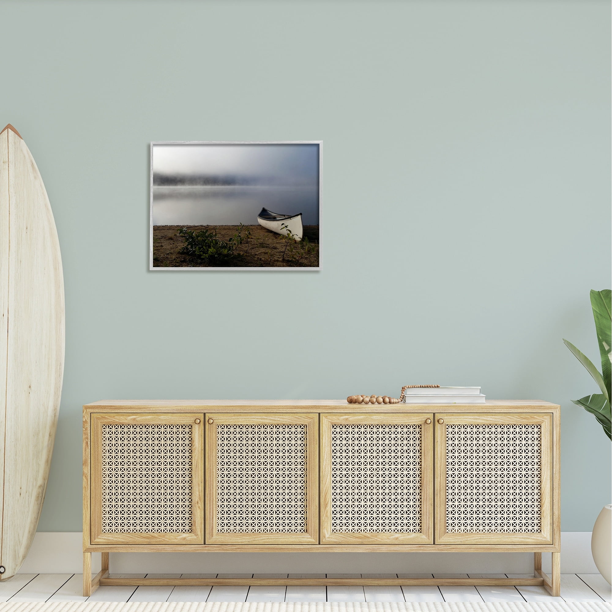 Stupell Industries Lone Canoe Tranquil Foggy Lake Beach Weather Photograph Gray Framed Art Print Wall Art, Design by Daphne Polselli