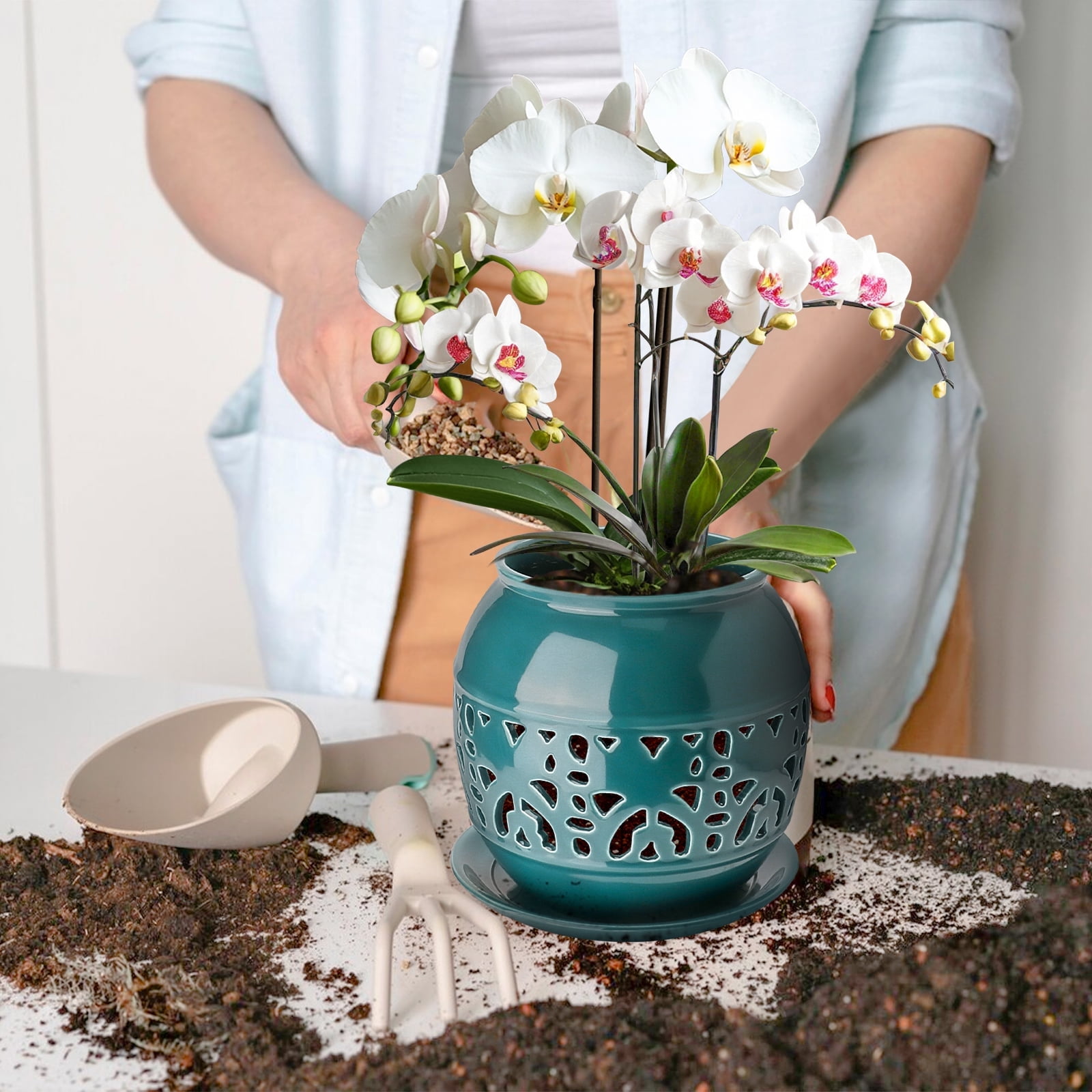 EFISPSSS 6 inch ceramic orchid pot with hole and tray -Peacock Blue
