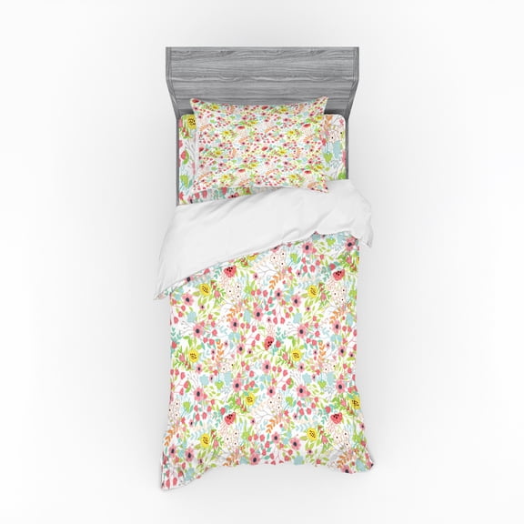 Ambesonne Floral Bedding Set 3 Pcs, Blossoming Garden Art Design, Twin, Multicolor