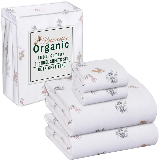 Sábanas de franela RUVANTI, tamaño completo, 100% algodón orgánico, 4 piezas