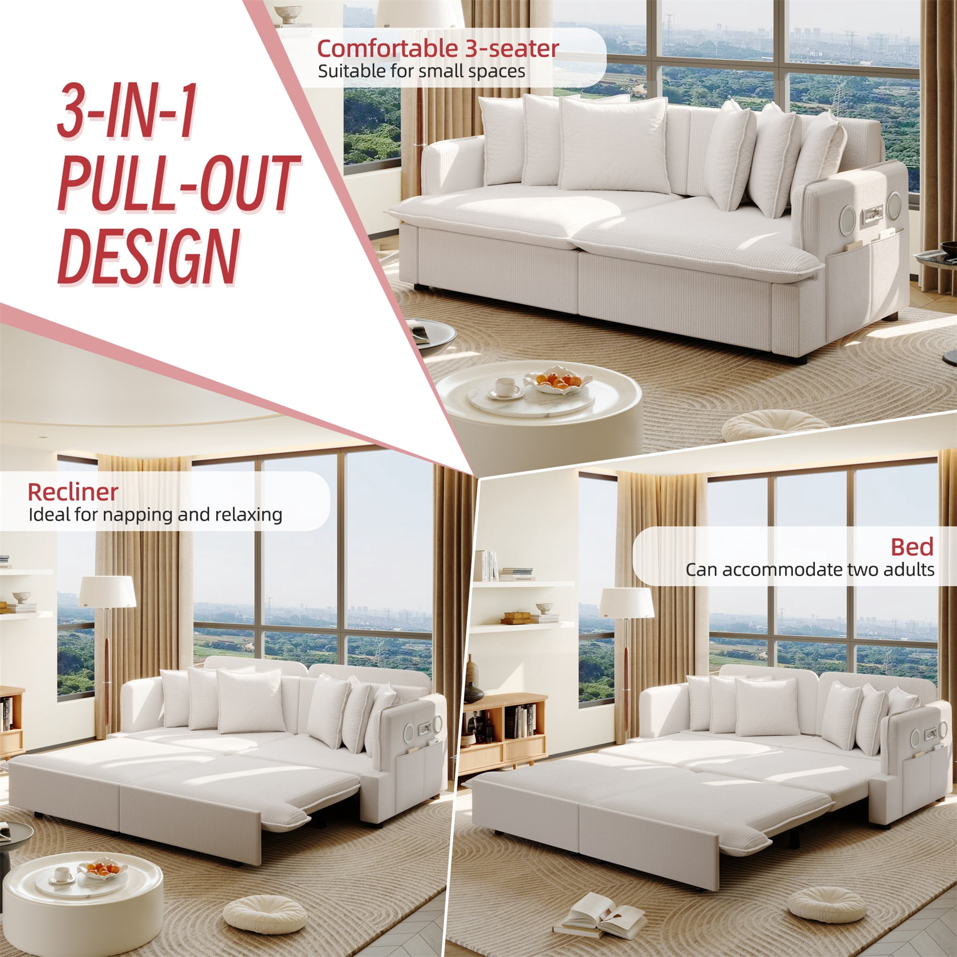 Alvantor 3 in 1 Convertible Sleeper Sofa Bed, 68" W Pull Out Sofa Bed with Bluetooth Speakers, USB Ports for living room, Apartment, Beige