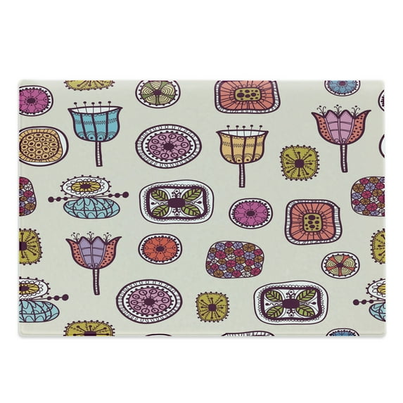 Hipster Cutting Board, Abstract Shapes with Retro Inspired Colors Flowers Squares Circles Hand Drawn Art, Decorative Tempered Glass Cutting and Serving Board, Large Size, Multicolor, by Ambesonne