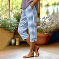 thumbnail image 2 of SHTXOZHI Womens Striped Capri Pants Linen Elastic Waist Straight Leg Capris Casual Travel Trousers with Pockets, 2 of 8