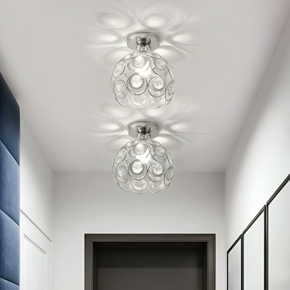LOHASLED Chrome Semi Flush Mount Ceiling Light Fixture, Hollow Out Metal Crystal Chandelier Lamp, for Bathroom Fixture Foyer Ceiling Fixture Hallway Lighting Fixture