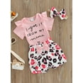 thumbnail image 3 of Franhais Girls Summer 3Pcs Outfit Sets Short Sleeve Letter Print Romper + Leopard/Sunflower Print Shorts + Headband, 3 of 9