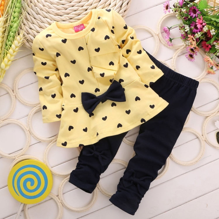 2Pcs Baby Girls Clothing Set Love-hearts Floral Tops Pants Outfits 