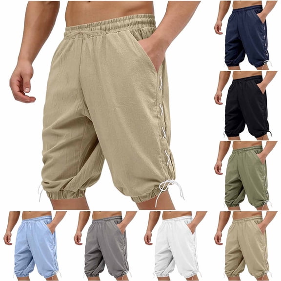 Men Casual Loose Linen Drawstring Pants Joggers Trousers Elastic Waist Straight Leg Cropped Pockets Lightweight Breathable Quick Dry Beach Vacation Summer Travel Outdoor Hiking