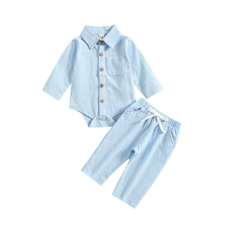 

One opening Infant Boys Girls 2 Pieces Outfit Solid Color Lapel Long Sleeve Button-Down Shirts Romper + Elastic Waist Pants Set