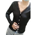thumbnail image 5 of hirigin Women's Ribbed Knit Tops, Long Sleeve Button Down Solid Color Lace Trim T-Shirts, 5 of 9