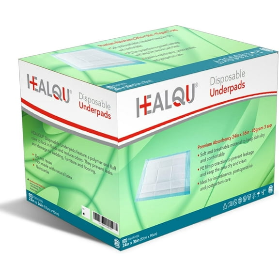 Healqu Disposable Underpads - 24x36, Super Absorbent Bed & Incontinence Pads for Adults, Kids, Elderly & Pets - 150 Count