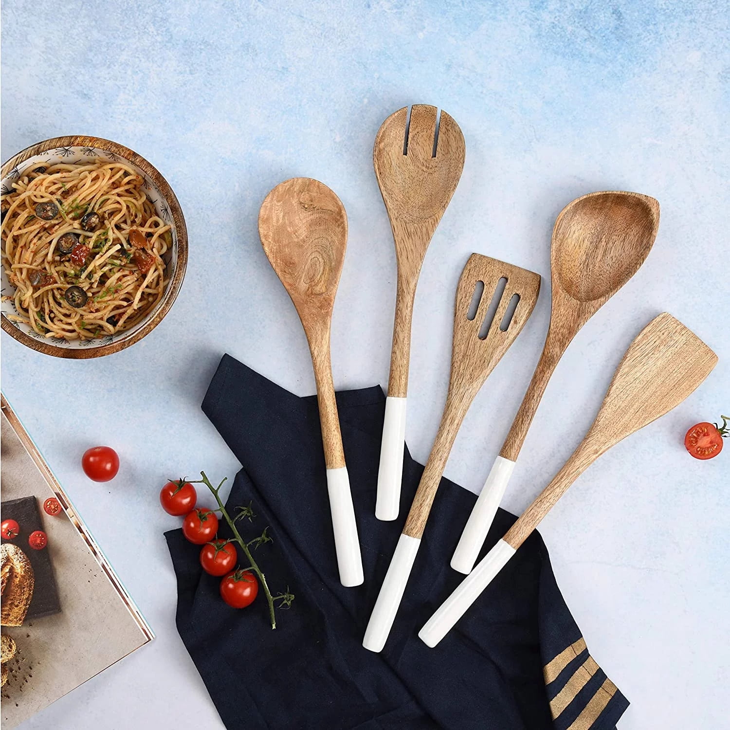 TEAFIRST Wooden Spoons for Cooking Utensils Set, Non Stick for Kitchen Cookware, Acacia Wood, White