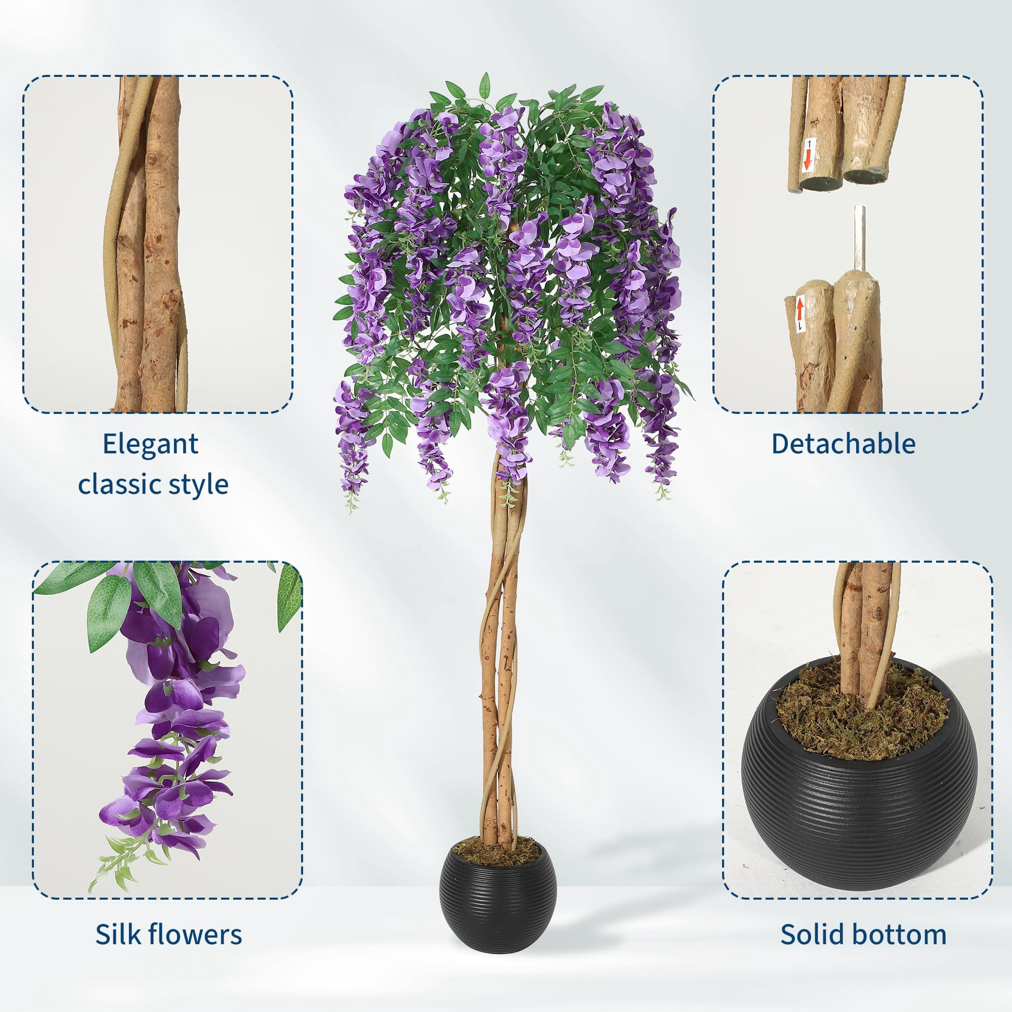 Huisuilinss Artificial Purple Blossom Tree,Artificial Purple Bean Flower Tree,Potted Faux Flower Tree,Silk Faux Plant Fake Tree With Double Trunk,Hanging Vine,Moss For Office Wedding Photo Backdrop