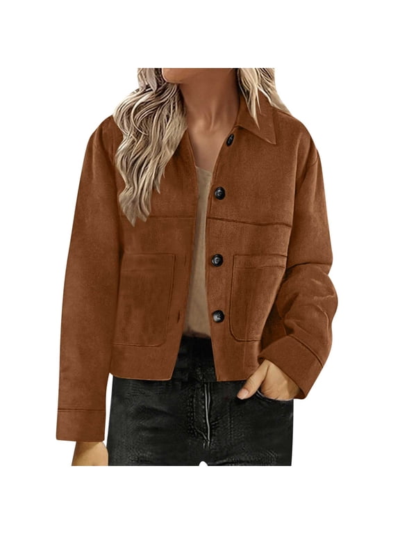 Women's Fall Winter Faux Suede Jacket Long Sleeve Button Down Shirts Jackert Oversized Collared Shacket Cropped Coat