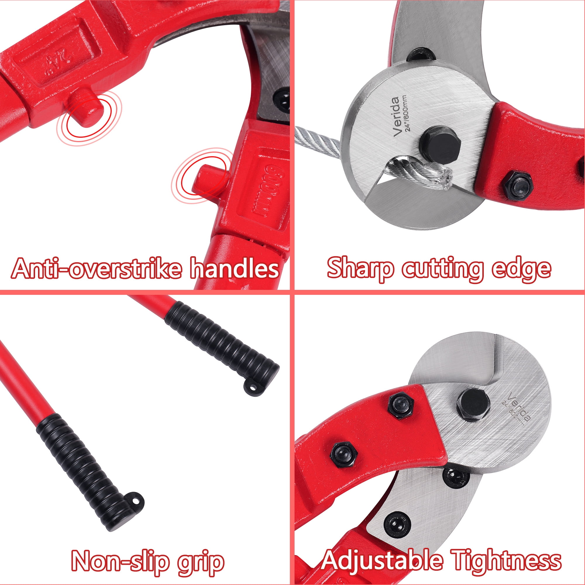 Wire Cutters 18 inch, Industrial-Grade Heavy Duty Wire Rope Cutter, Chrome Vanadium Steel, Hardness 65 HRC. for Stainless Steel Wire and Hard Wire Ropes, Red