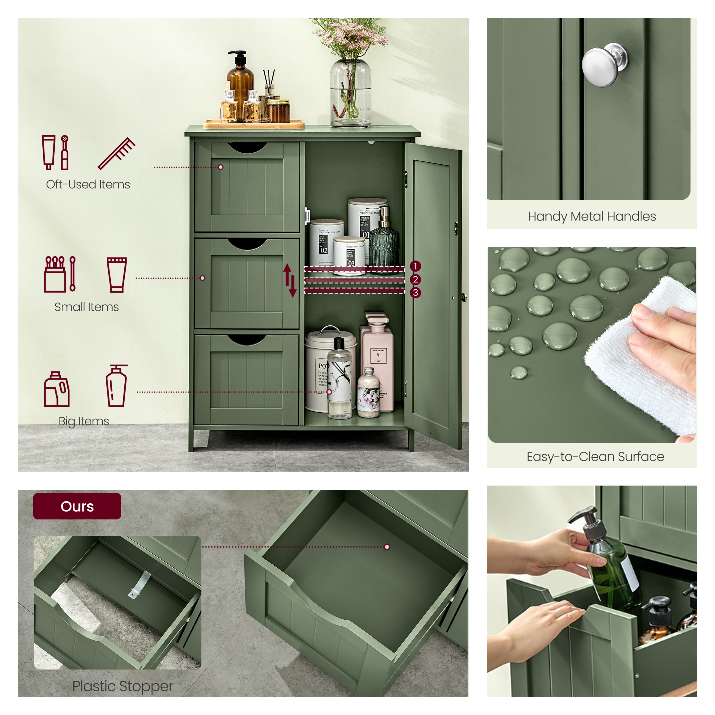 LEDREM Freestanding Storage Cabinet with 3 Drawers & Adjustable Shelf - 11.8x23.6x31.5 Inch Floor Cabinet, Forest Green