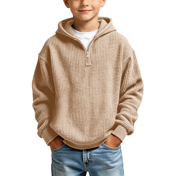 Boys Hoodies Casual Quarter Zip Waffle Sweatshirts Long Sleeve Hooded Pullover Tops Kids Teen Boy Fashion Shirts Fall Winter Hoodie Back to School Clothes 3-14 Years