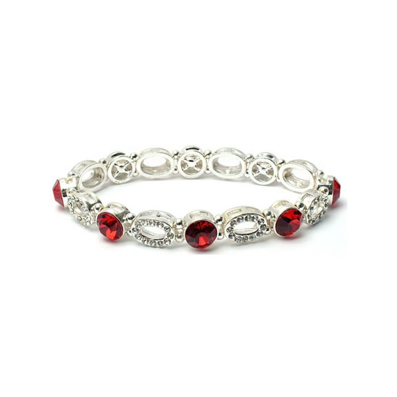 Silver Red Crystal Rhinestone Oval Shape Stretch Bracelet