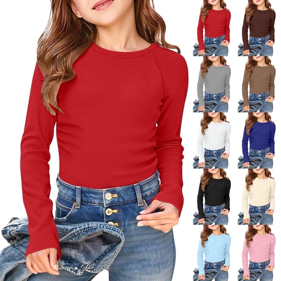 Gaexia Girls Long Sleeve Ribbed Raglan Tee Stretchy Casual Basic Fit Crew Neck Shirt For Kids Youth (Coffee,5-6 Years)