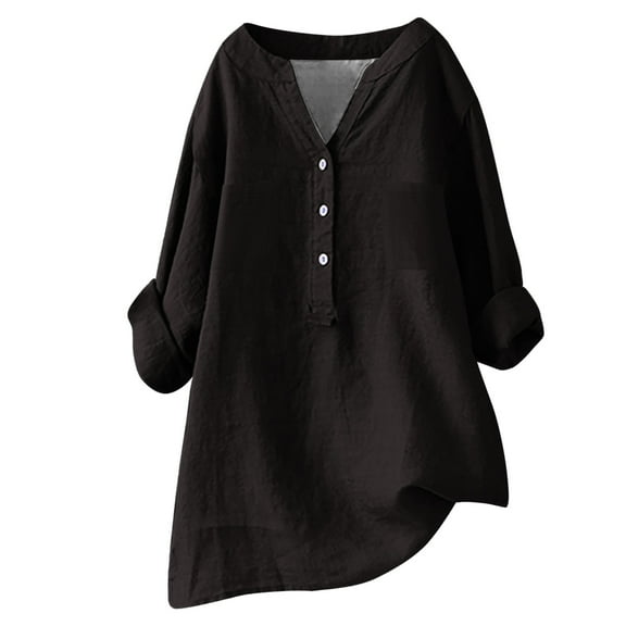 LEAVINGSUO Long Blouses for Women Women's Summer Casual Long Sleeve Blouse V Neck Solid Tops T-Shirt