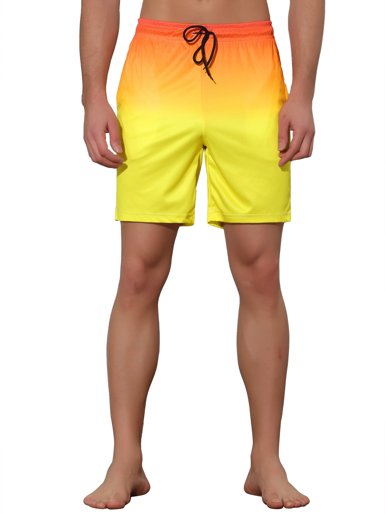 Unique Bargains Men's Drawstring Waist Colorful Pattern Hawaiian Swim Board Shorts 34 Yellow