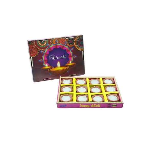 Avador Handmade Clay Diya Indian Puja Oil Lamp, Mitti Diya Lamp Engraved Design Diya for Diwali Pooja (Pack of 12 with Wax)
