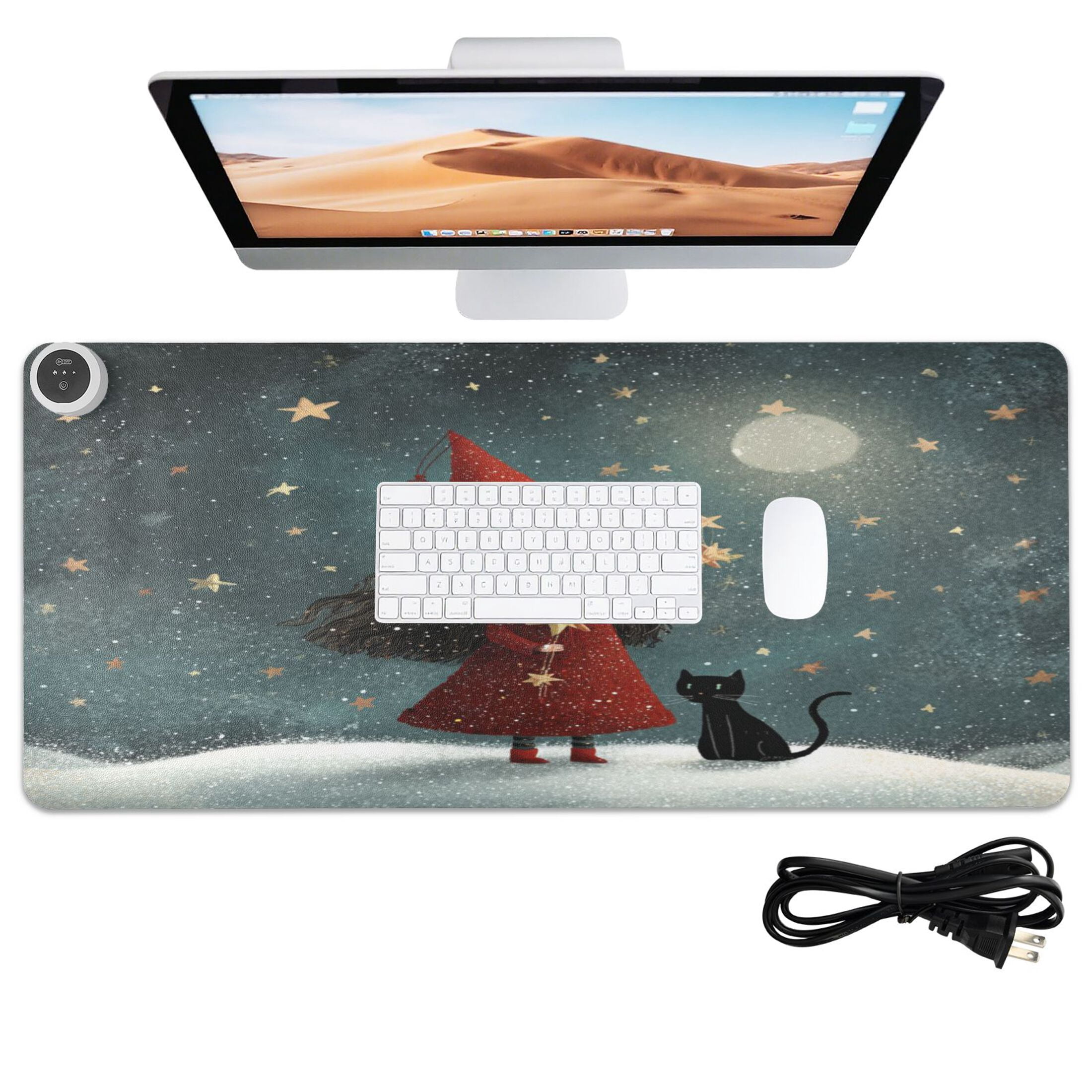 Large Heated Desk Mat Mouse Pad 31.5"x13"PU Leather Graphene Heating Desk Warmer with 3 Temperature Settings 110V US Plug Non-Slip Warm Pad for Home, Office, and Gaming Red Hat and Black Cat