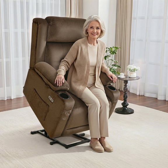 MCombo Lay Flat Triple Motor Power Lift Recliner Chair for Elderly, Adjustable Headrest, Fabric(Brown)