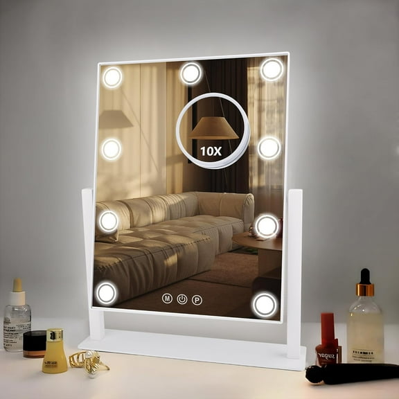 Lighted Makeup Mirror, 14"x 12" Hollywood Vanity Mirror with 9 LED Bulbs, 3 Color Lights, and Detachable 10X Magnification Mirror, 1200mAh Rechargeable, Touch Control, 360°Rotation (White)