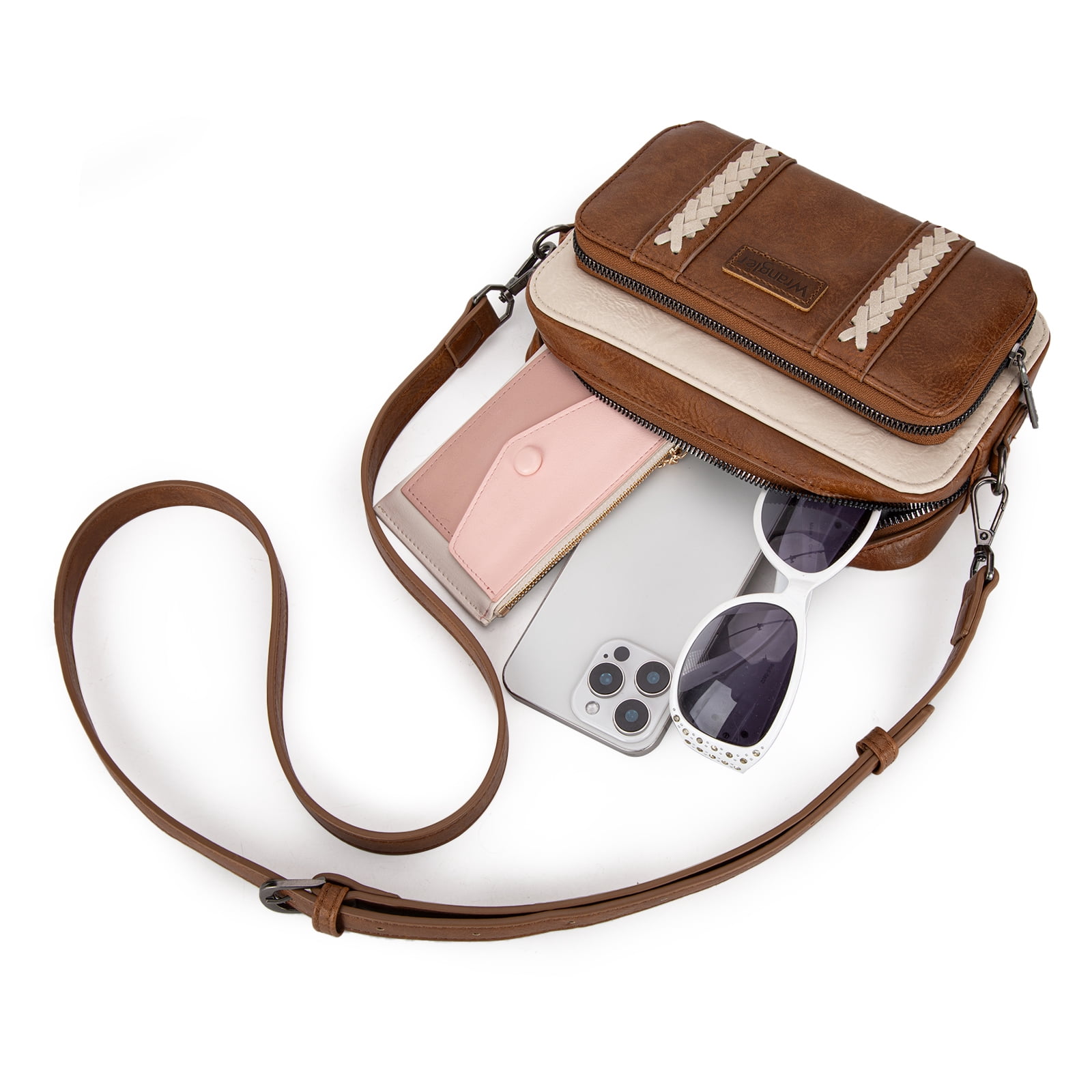 Wrangler Crossbody Bag for Women Vegan Leather Western Shoulder Purse Small Multi Pocket Crossbody Wallet Purse Crossover Bags with Adjustable Strap, Brown-Begie