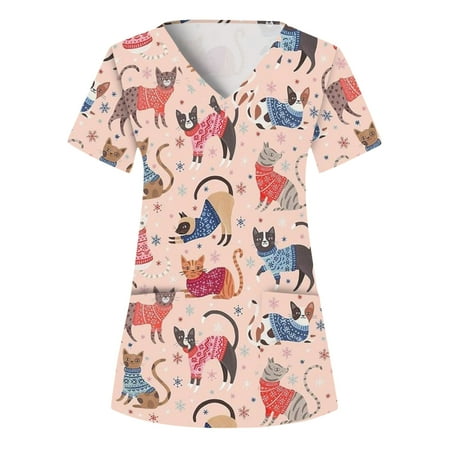 

Women Scrubs Tops Tops For Animal Printed Short Sleeve V Neck Holiday Fun Patterned Working Tshirts Blouse Tops With Pockets Nurse Workwear