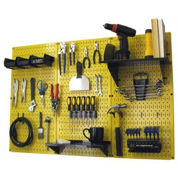 Organisateur de Planche Murale 30-WRK-400 YB 4 Pieds Métal Standard Kit de Rangement avec Planche à Outils Jaune et Accessoires Noirs