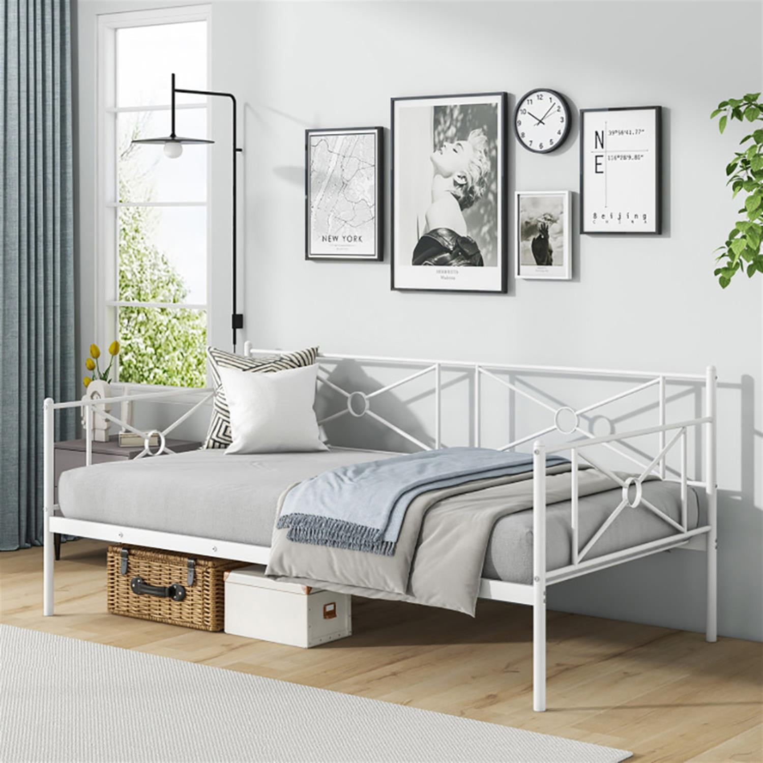 Demi Bonn Metal Daybed Twin Bed Frame Stable Steel Slats Sofa Bed, Modern Bed Frame for Teens, White