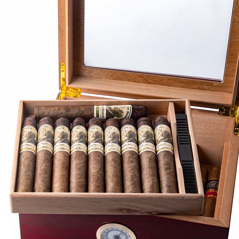 tobacco humidifier box TISFA Acrylic Cigar Humidor with and Hygrometer, Desktop Cigar Case with Spanish Cedar Cigar Tray That can Hold About 18-50 Cigars [Complete Cutter Set Included]This all Desktop Cherry Full Template Cigar