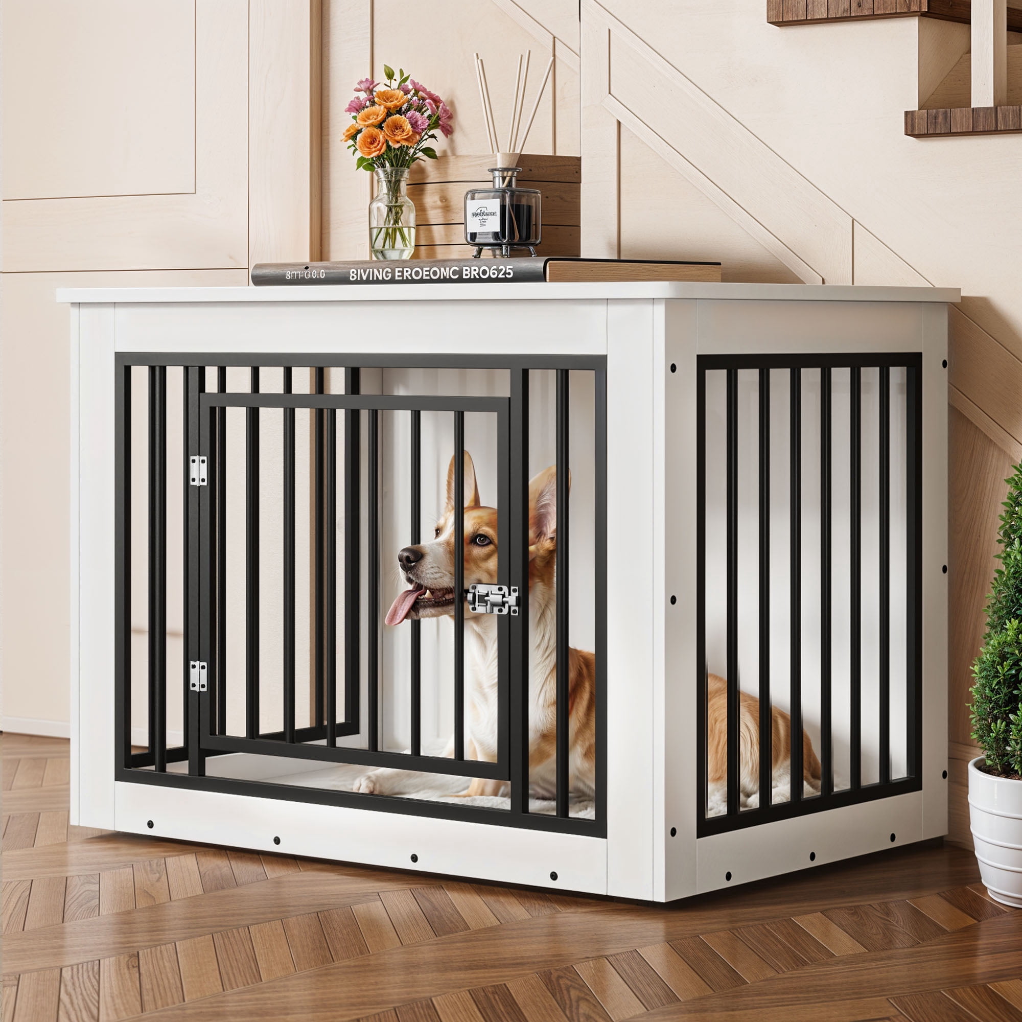 ModFusion 38" Iron and Wood Dog Cage Furniture – Stylish Pet Crate, End Table & TV Stand (Indoor Furniture)