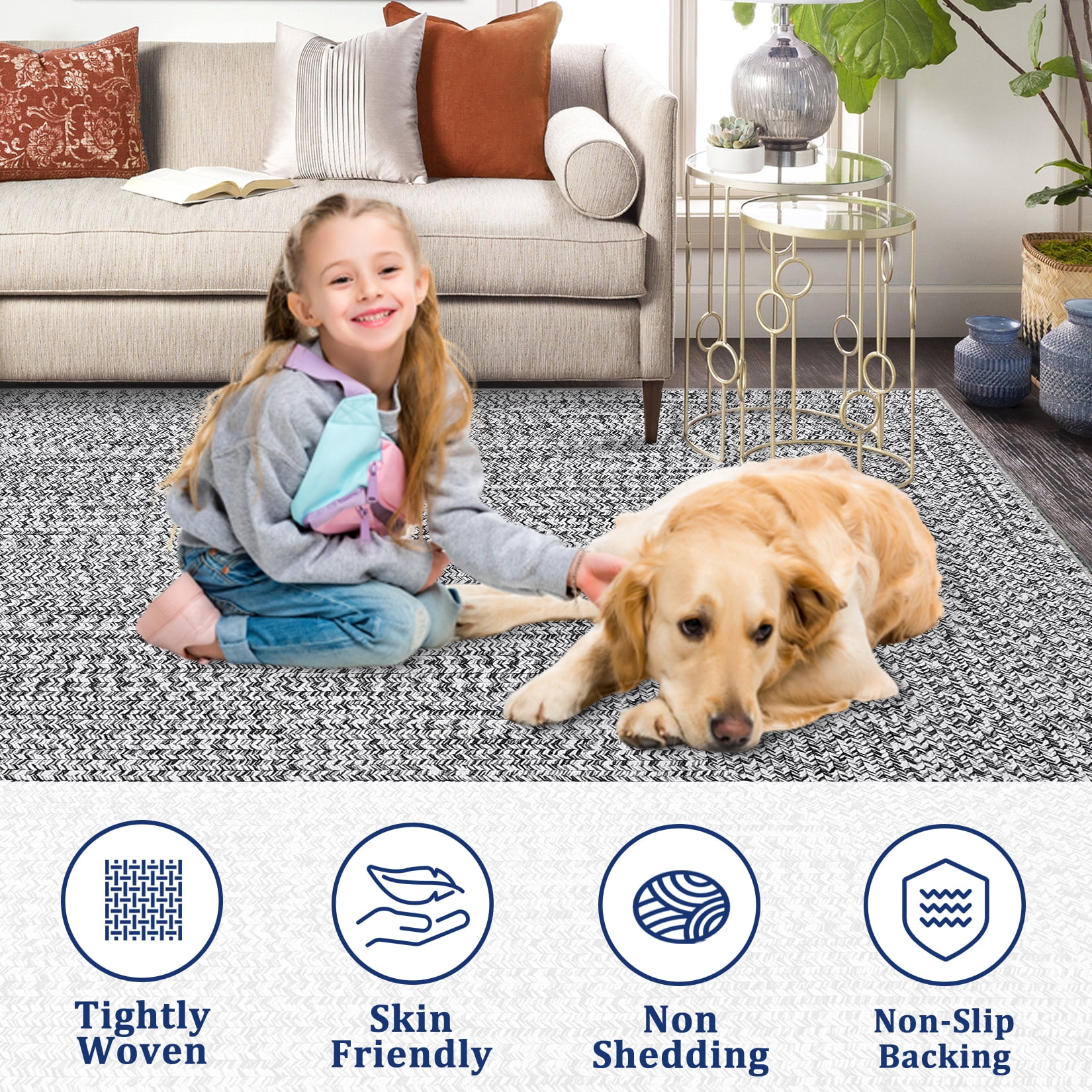 Haperlare Machine Washable Braided Rugs for Living Room Solid Woven Print Low Pile Soft Area Rugs Home Office Bathroom Rugs Grey Carpet,9'x12'