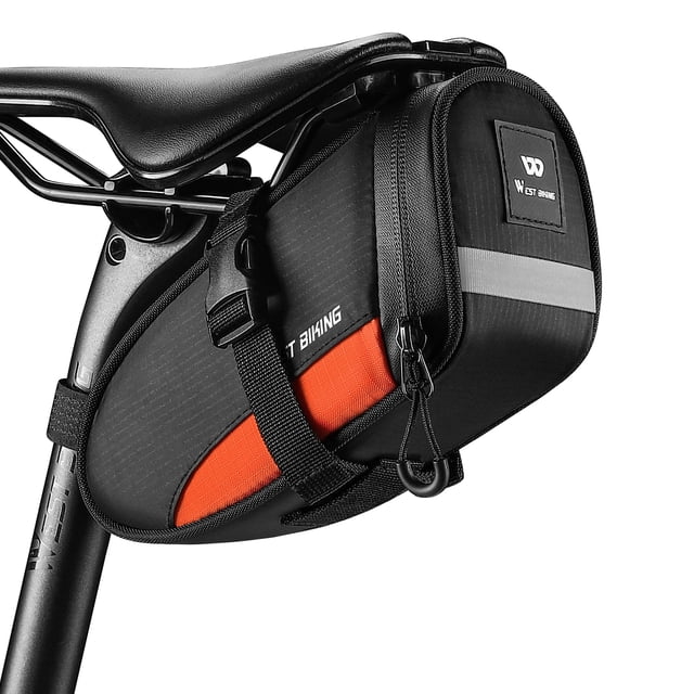 WEST BIKING Reflective Waterproof Bike Seat Bag with Tail Light Mount, Lightweight Cycling Storage for Mountain & Road Bikes, Orange