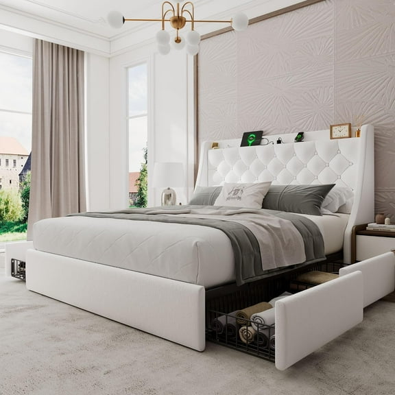 Honfach Full Bed Frame with 4 Storage Drawers, Upholstered Storage Bed with Charging Station, Wingback Storage Headboard, No Box Spring Needed,White