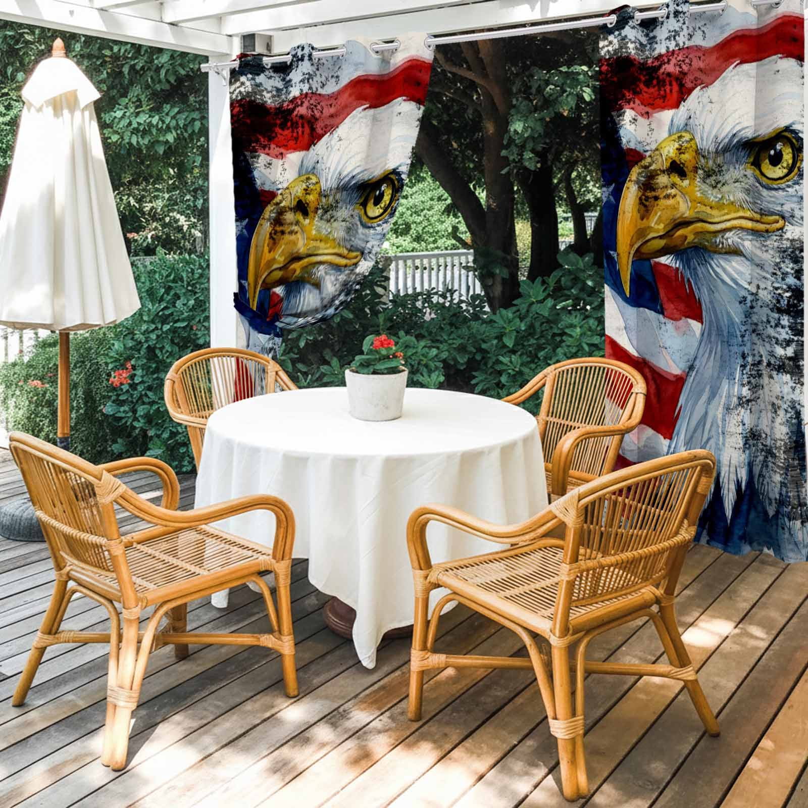 Independence Day Outdoor Curtains for Patio, Vintage American Flag Star Spangled Eagle Art Country Sunshade Privacy Drapes Grommet Waterproof Outside Curtains for Porch Balcony 54"x108", 1 Panel