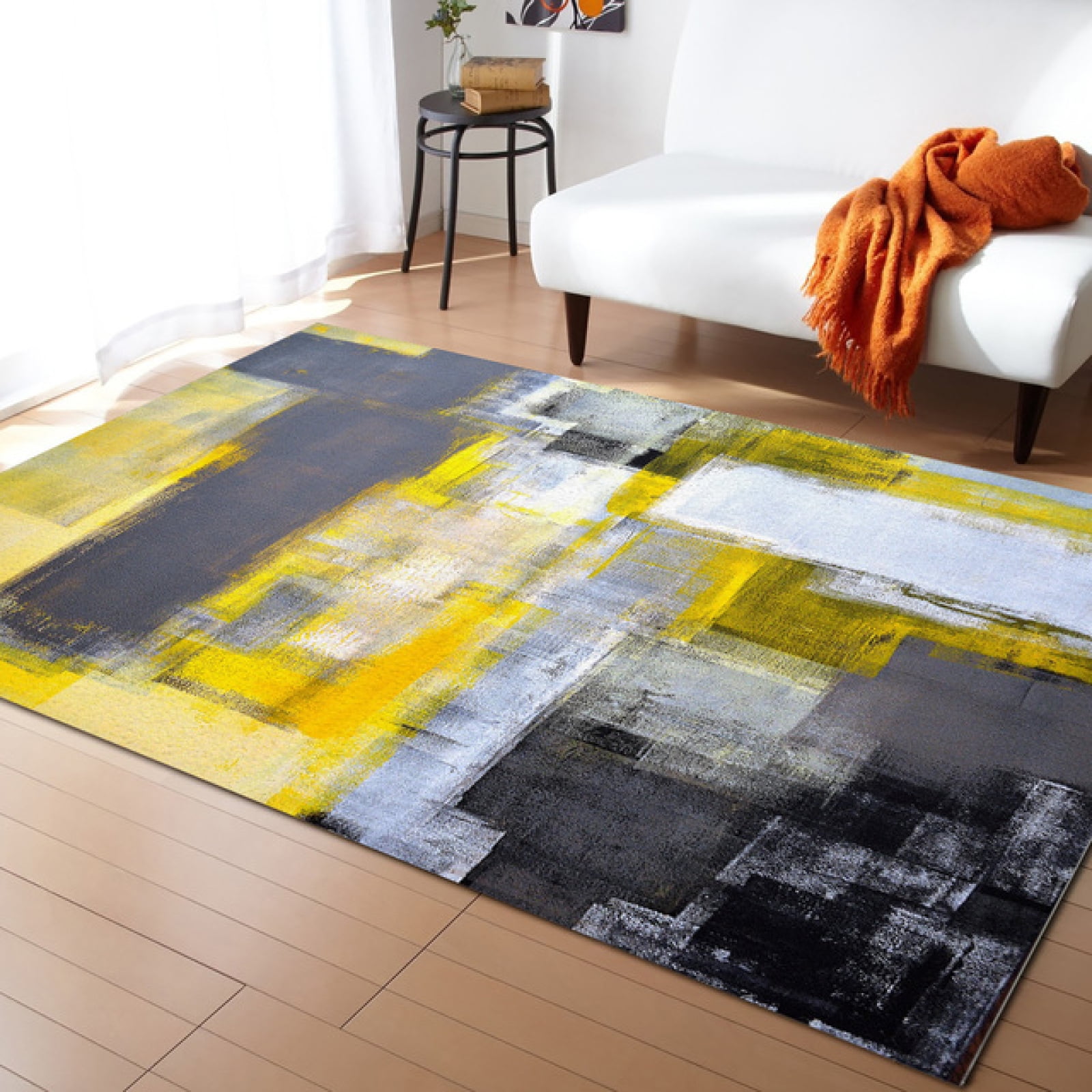 Yellow And Gray Abstract Art Area Rug, Yellow Graffiti Painting Indoor ...