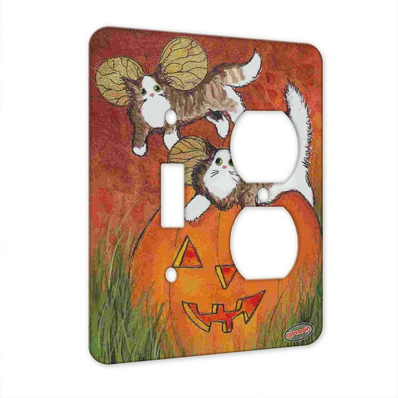 KuzmarK™ 2 Gang Single Toggle / Single Duplex Wall Plate - Tiny Tabby Maine Coon Kitty Fairies with Jack O'Lantern Halloween Cat Art by Denise Every