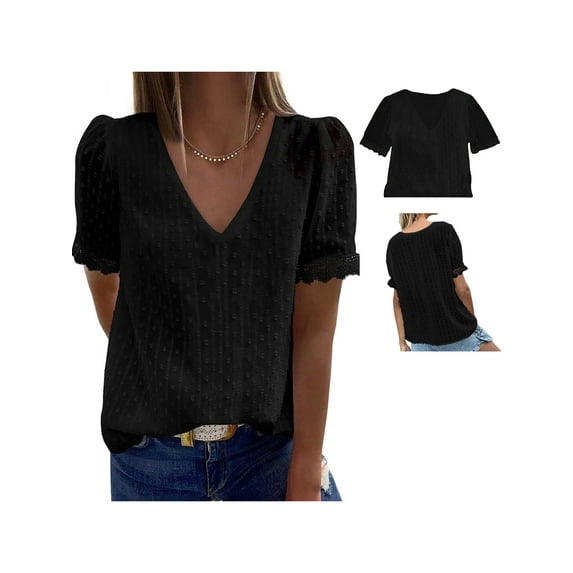 Biekopu Women's Summer Casual T-shirts Blouse Solid Color Short Sleeve V Neck Loose Fit Tops